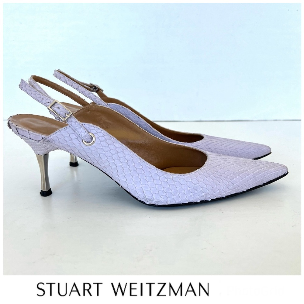 STUART WEITZMAN Lavender Snake Leather Silver Metal Heel Slingback Pump Sz 8.5 M
